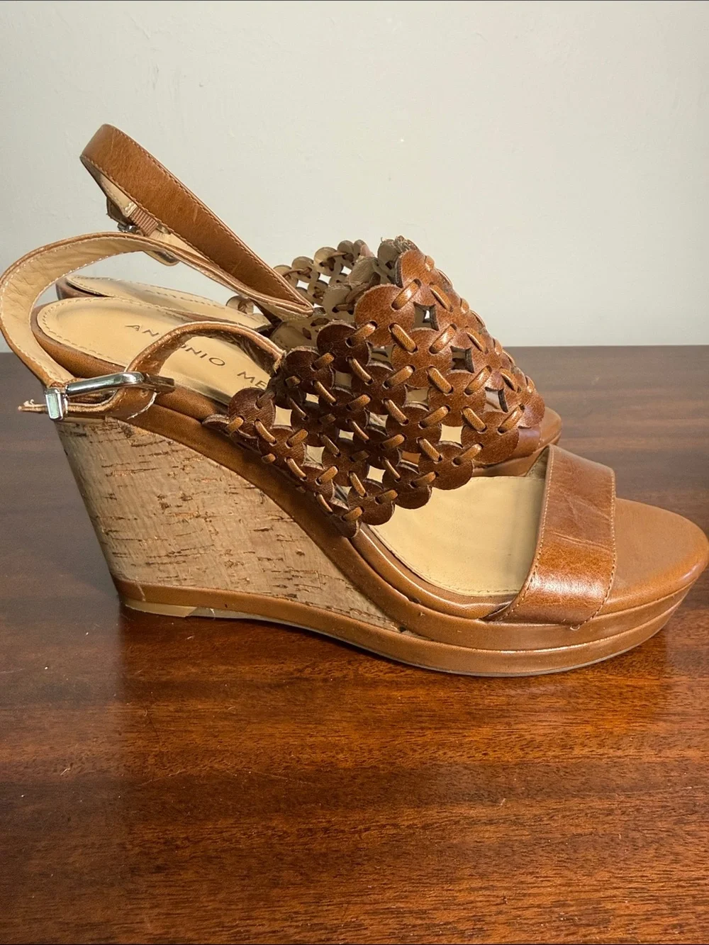 ANTONIO MELANI Tan Brown Cork Wedge Sandals